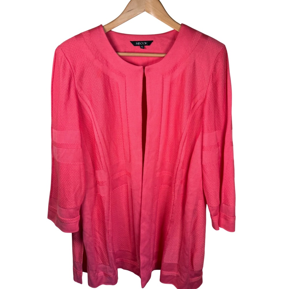 Misook Open Front Cardigan Womens 0X Coral Textured Knit 3/4 Sleeve Careerwear